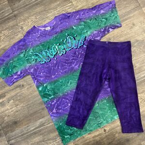 Vintage 90's Workout Set Outfit Tshirt (OSFA) Leggings Size Medium Tie Dye (528)